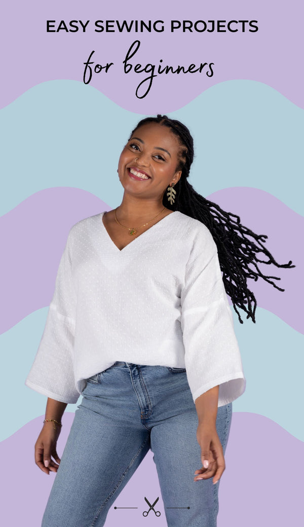 A model wearing the Samara top sewing pattern by Tilly and the Buttons with the title text 'Easy Sewing Projects for Beginners'