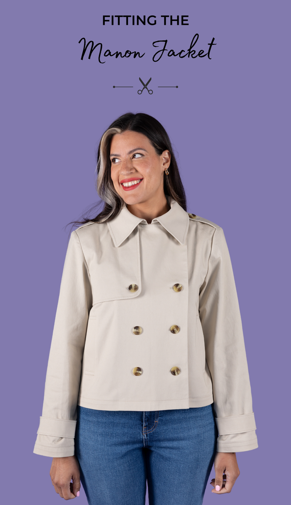 Model wearing a cream Manon jacket against a purple background with the title text: Fitting the Manon Jacket Sewing Pattern